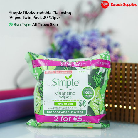 Simple Biodegradable Cleansing Wipes Twin Pack 20 Wipes
